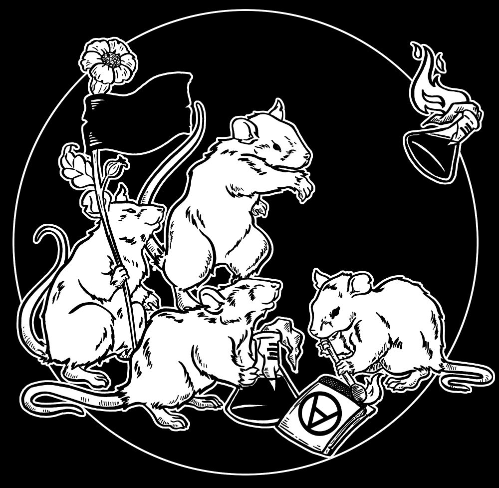 an illustration. A number of rats sit with each other. One lights a match off a circle a matchbook, while one holds a cocktail made from a beaker. Another throws a lit beaker cocktail and one holds a flower with a black flag on it. They are held by a circle. 