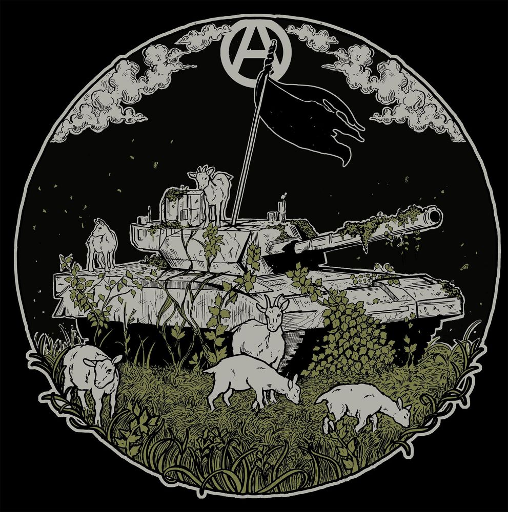 an illustration. a family of goats grazes around a tank which has been subsumed with vegetation. vines and grass curl around it. atop, the black flag of the anarchists sits slightly askew. a circle a sits in the background. 