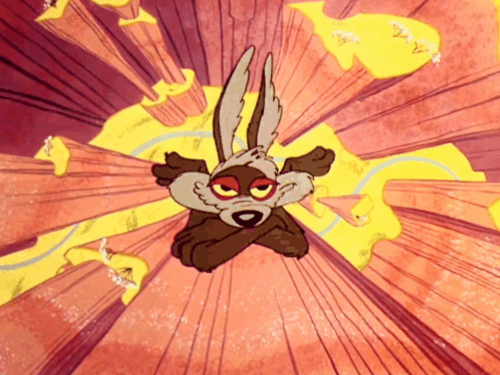 a cartoon coyote is flying through the air with a yellow background