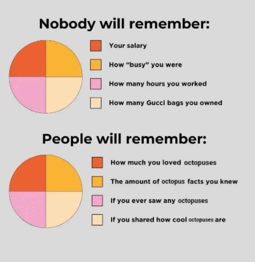 Nobody will remember:
Your salary
How "busy" you were
How many hours you worked
How many Gucci bags you owned
People will remember:
How much you loved octopuses
The amount of octopus facts you knew
If you ever saw any octopuses
If you shared how cool octopuses are