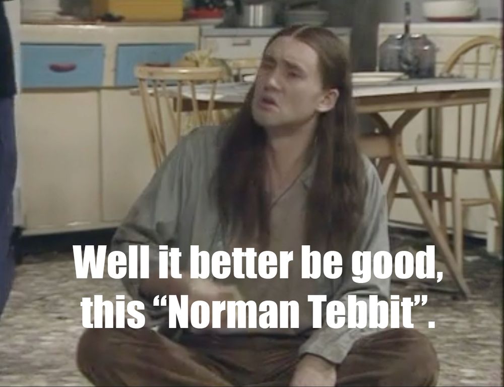 A screen grab from the TV show The Young Ones, showing the character of Neil played by Nigel Planer, a hippie with long dark hair, sat cross legged on the floor in a dirty 80s student kitchen. The picture is captioned with a line from the show "Well it better be good, this Norman Tebitt". 