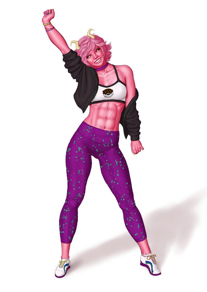 Drawing of a pink skin woman smiling with a fist up in the air
