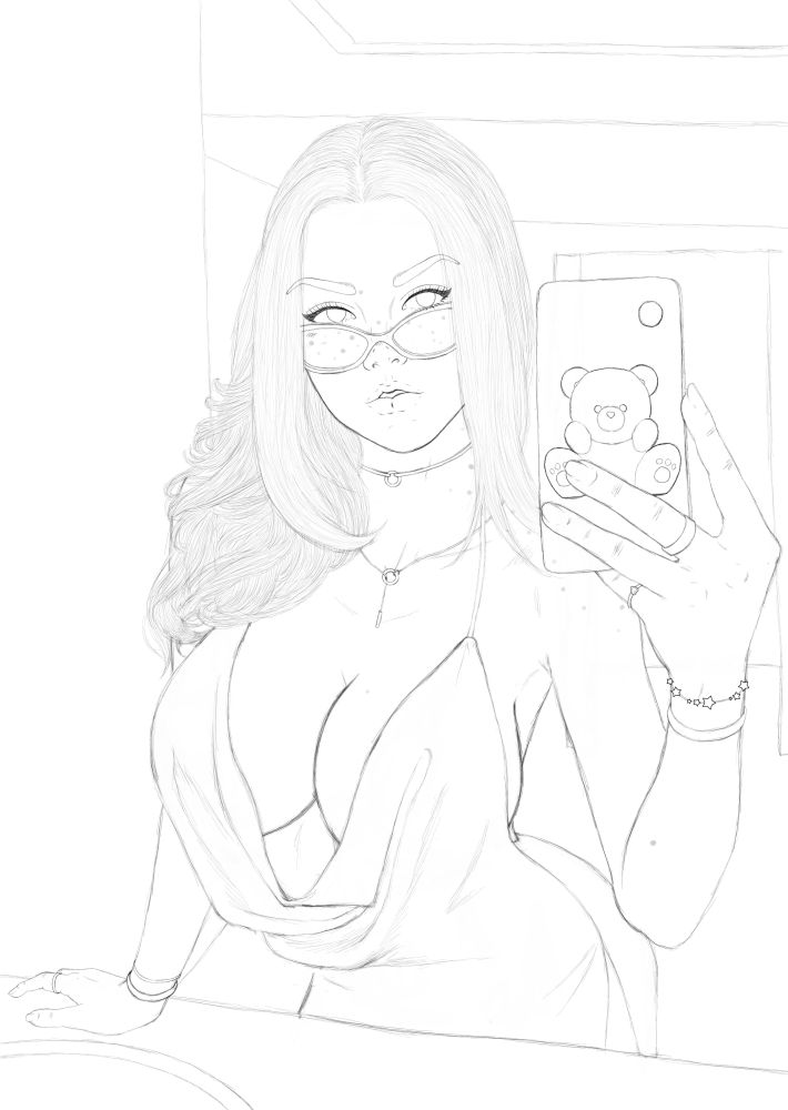 Sketch of a woman taking a selfie