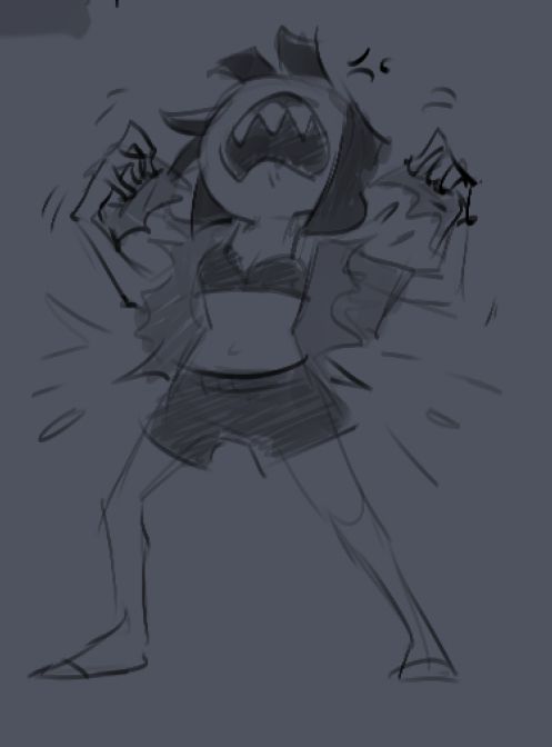 A rough greyscale sketch of Pomni from the amazing digital circus as she's tearing her shirt off in a fit of rage, exposing the black bra she's wearing underneath. End of description.