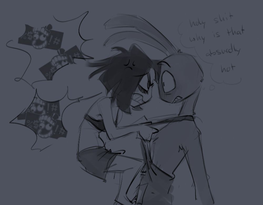 A rough greyscale sketch of Pomni and Jax from the amazing digital circus. Pomni, dressed in only a bra and shorts, is hanging off of Jax' overall straps, her weight anchored to his torso where she's pushing herself up with her feet and knees. She's very angry and throwing cusswords around as she glares at Jax up close. Jax is visibly surprised, his eyes large and staring right back with a blush darkening his face. A thought bubble next to him reads "holy shit why is that absurdly hot". End of description.