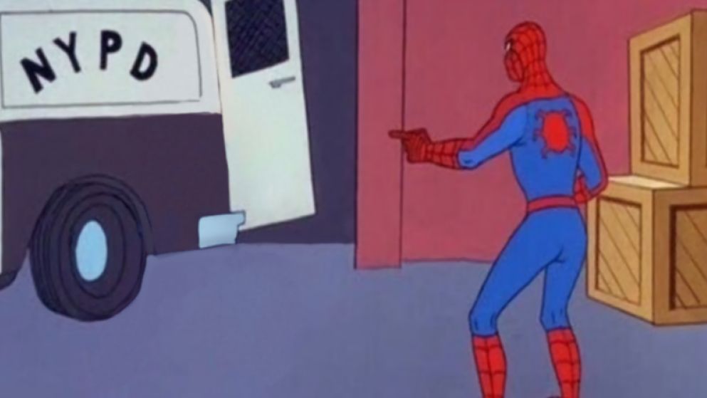 An edit of a screenshot from an old spiderman cartoon. In the original meme, two spidermans are pointing at each other. In this edit, one of the spidermans has been edited out, so now there's only one spiderman, pointing at nothing. End of description.