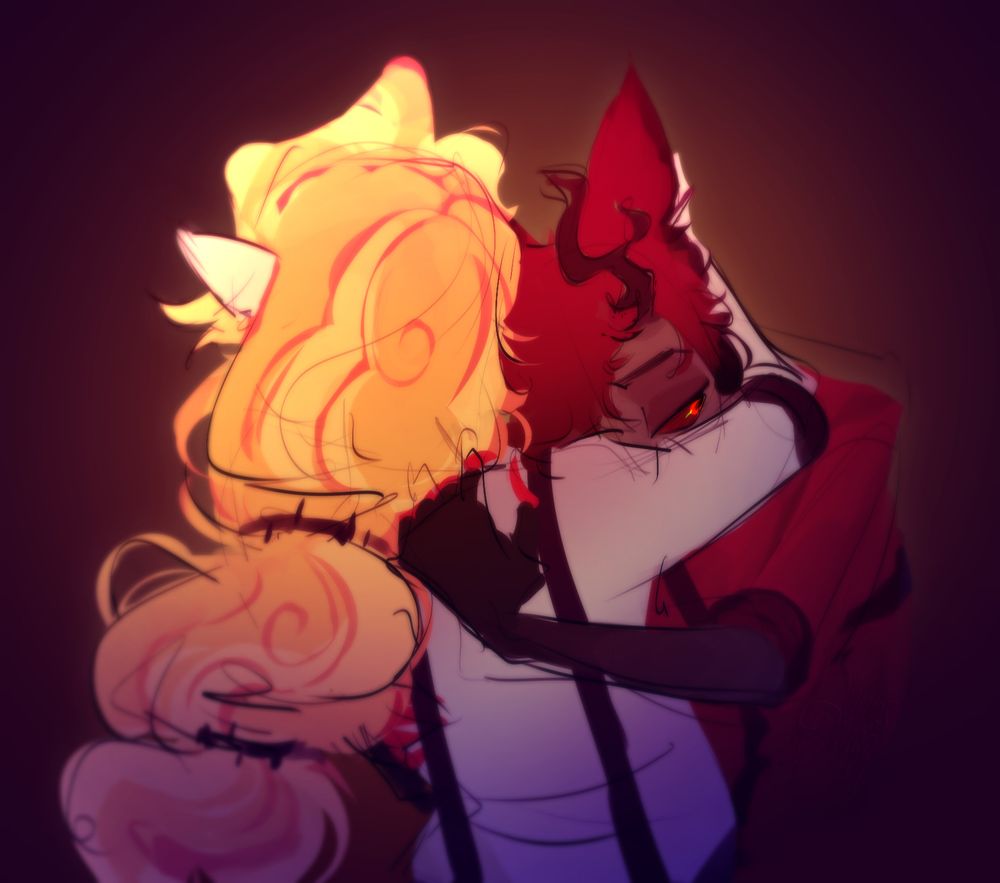 A colored drawing with soft, warm lighting depicting Charlie Morningstar and Alastor from the adult cartoon Hazbin Hotel in a sweet, intimate embrace. Charlie is a blond demoness with paper white skin and Alastor is a tall, humanoid demon with deer-like ears, antlers and bright red hair. The pair is framed from behind Charlie's back, her shoulder and neck obscuring all but one of Alastor's eyes, which is looking almost regretfully off to the side as he clings to her back and shoulders. End of description.