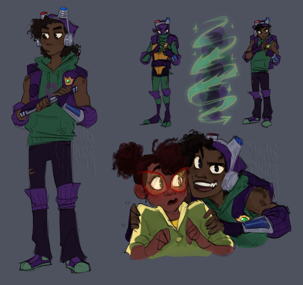 A series of drawings showing April and Donnie from the 2d animated show "Rise of the teenage mutant ninja turtles". Donnie is shown once as his original design from the show, he's a slim, humanoid turtle with emerald green skin and various purple clothing items, including fingerless gloves, knee- and elbow protectors, a bandana he wears on his head and an armored shell covering. Also of note are the silver headset with integrated goggles and silver arm-cuff with a screen on it. In the top right drawing, Donnie is attaching a gold and jade colored brooch to his armor, followed next to him by a magical swirl and a drawing of him in the same pose, but now shown as a human. It's implied that the brooch changed his appearance. Human Donnie has dark taupe brown skin, black curly hair in a loose ponytail under a purple bandana and he's now also wearing an emerald green, sleeveless hoodie and dark, slightly ripped jeans with purple and pastel green sneakers. the gloves and protectors remain the same, his shell armor is replaced with a purple backpack. In the second drawing human donnie is shown standing plainly and looking off to the side with a neutral expression. In the last drawing he's shown with April, who is a young black woman with warm brown skin and dark red, curly hair that she wears in pigtails, April is wearing large, cat-eye shaped glasses and a lime and pastel yellow jacket. Human Donnie is gripping her by the shoulders from behind her, leaning in enough for his cheek to touch her temple. April looks tense, blushing slightly, eyes focused on Donnie, who's looking at the viewer with a smug expression and his mouth open to imply he's speaking. End of description.