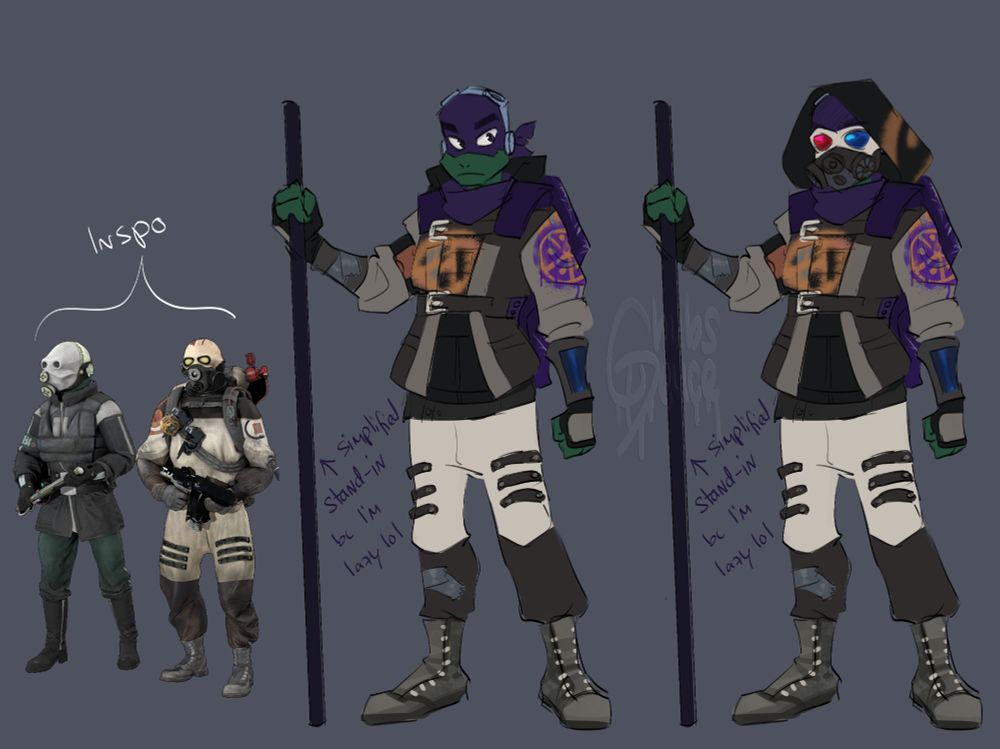 A flat colored design sheet of Donnie from the 2018 cartoon rise of the teenage mutant ninja turtles, shown in the context of a portal and half life crossover universe. Donnie is shown in an outfit that looks foraged and mix and matched from the half life typical combine soldier enemies - he's wearing grey combat boots, a white pair of loose pants with black shins and smaller belts across the thighs. Up top he's wearing a puffy light grey and dark grey jacket, with the combine soldier logo sprayed over with a purple one and a sprayed lambda sign in orange across the chest. Donnie is additionally wearing a black hood sprayed with another orange lambda, a gas mask made from a combine helmet with a red and blue lenses in the eye holes and his usual purple battle shell, covered in metallic scratches. To the left he's shown without the mask and hood up, he's wearing the same purple bandana he normally has as well as his silver headset. End of description.
