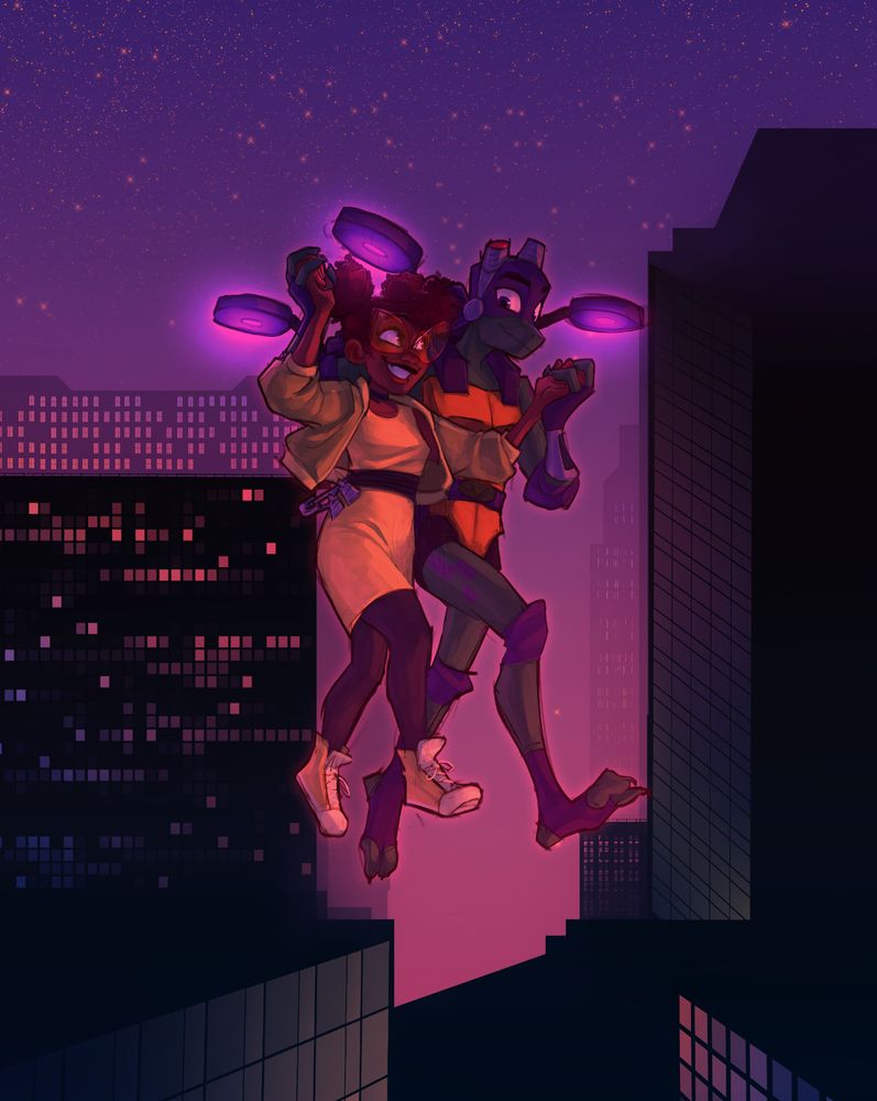 A colored drawing of April and Donnie from the 2018 cartoon Rise of the teenage mutant ninja turtles. April is a young black woman with red-ish dark brown hair styled into twin-puffs and she is wearing a yellow dress with a light green jacket over black leggings with yellow sneakers, and on her face she has a pair of large, red-rimmed, cat-eye shaped glasses. Donnie is an anthropomorphic turtle with dark green skin and purple clothing items, which include a bandana he wears on his head, fingerless gloves, knee- and elbow pads as well as protective armor over his shell. He is also wearing a metallic headset with integrated goggles. The drawing shows April and Donnie reenacting a scene from the Ghibli movie Howl's moving Castle. They look like they're walking close together through the air, though the hoverpack he's wearing informs us that this is not due to magic. April is grinning widely at him, and he's gently smiling back at her. The background shows a vibrant city skyline that casts the entire drawing in a warm, sunset evening glow. End of description.