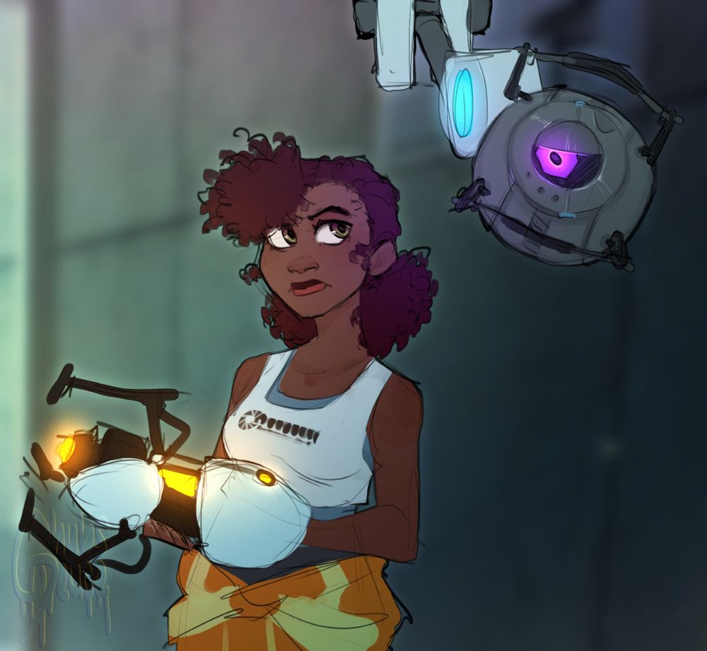 A colored artwork of April O'Neil from the 2018 cartoon rise of the teenage mutant ninja turtles, set into the portal universe. April is shown as an adult woman carrying a portal gun and wearing the portal universe typical test subject uniform of a white tanktop with an orange jumpsuit tied by the sleeves around her waist. Next to her hangs a portal 2 style personality core with a purple, hexagonal shaped optic meant to show resemblance with Donatello. April looks wary of the spherical robot, Donnie looks back with a smug kind of expression. End of description.
