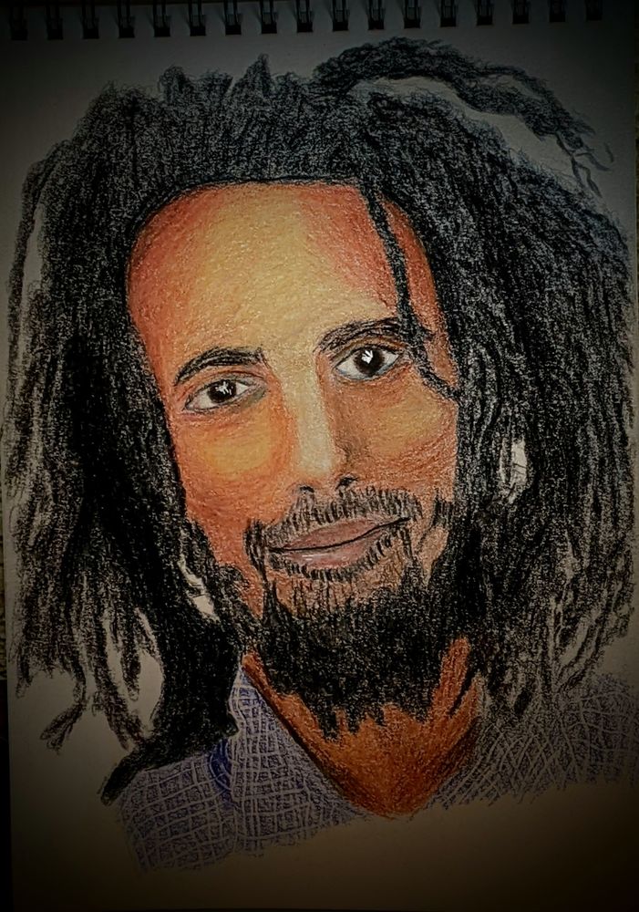 Colored pencil drawing of a dark-skinned man with dreadlocks, beard, and a slight, friendly smile.