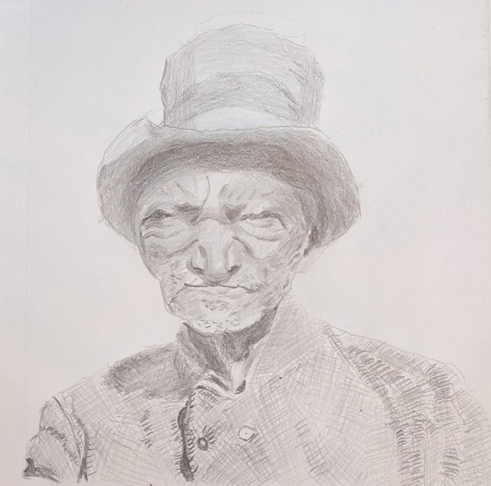 Pencil drawing of an elderly Black man in a top hat and a wool suit. He is squinting and his face is lined with thick wrinkles.
