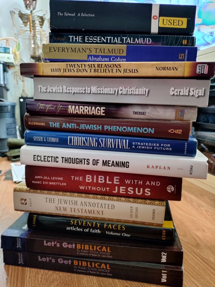 Stack of books, many of them Jewish arguments against Christianity 
