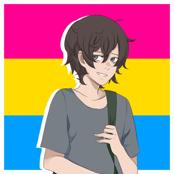 A man (Patient Z) standing in front of the pansexual Pride flag