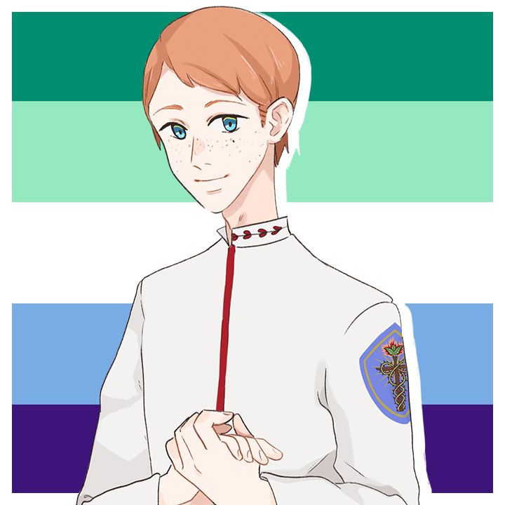 A man (Patient A) standing in front of the gay male / Achillean flag