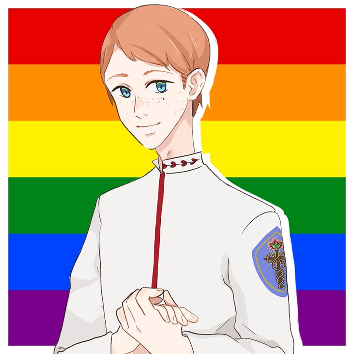 A man (Patient A) standing in front of the Pride flag