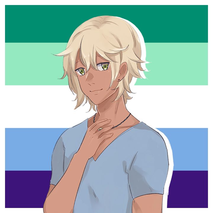 The character "Patient B" against the MLM / Achillean / gay Pride flag.