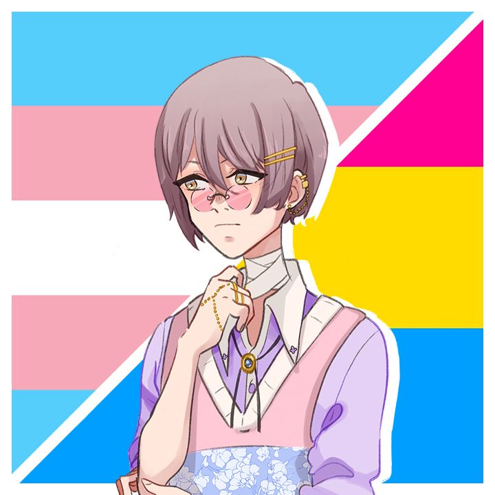 The character "Patient C" against the trans and pansexual Pride flags.
