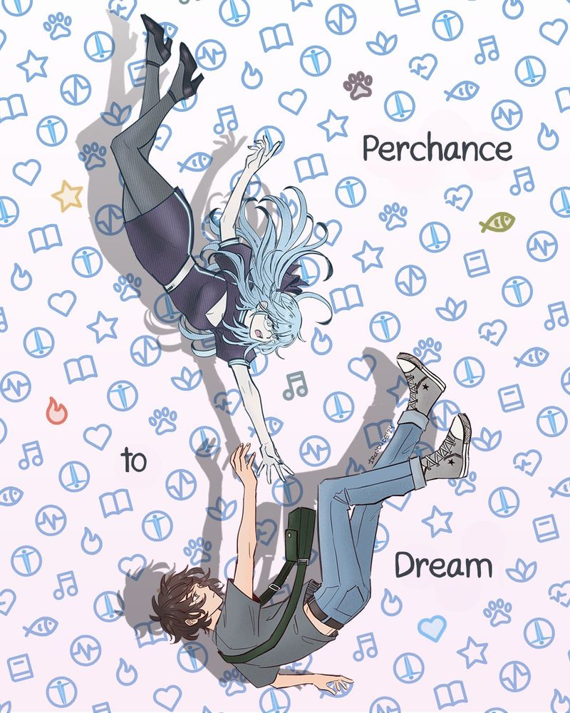Text: "Perchance to Dream" over image of brown-haired boy (Z) falling while blue-haired girl (App) reaches out to him. The background is white covered in a pattern of various blue symbols, some highlighted in different colors: An orange flame, yellow star, green fish, teal music note, blue heart, and maroon pawprint.