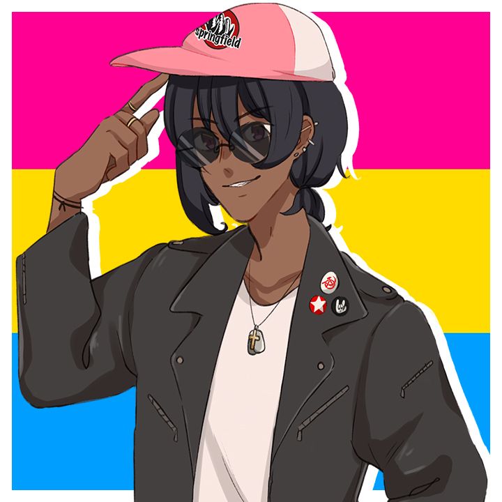 The character "Patient D" against the pansexual Pride flag.