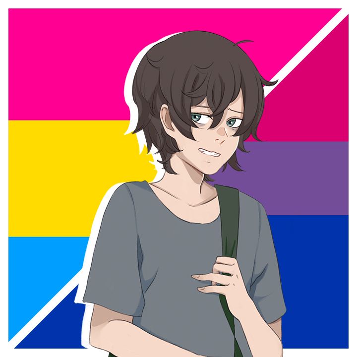 A man (Patient Z) standing in front of both the pansexual and bisexual Pride flags