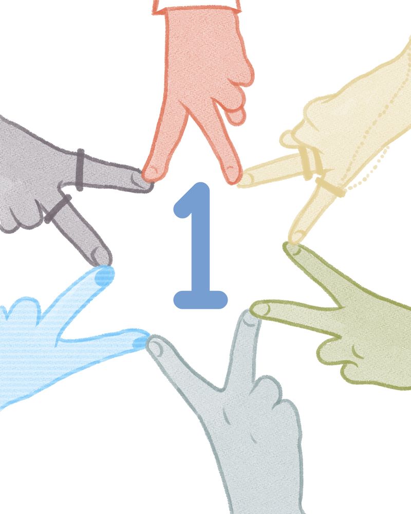 ONE MORE DAY
A group of 6 characters all putting 2 fingers together to form a 6 pointed star