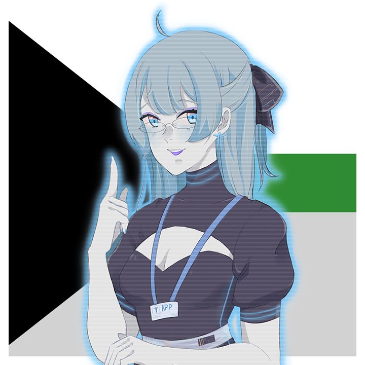 The character "App" against the demiromantic Pride flag.