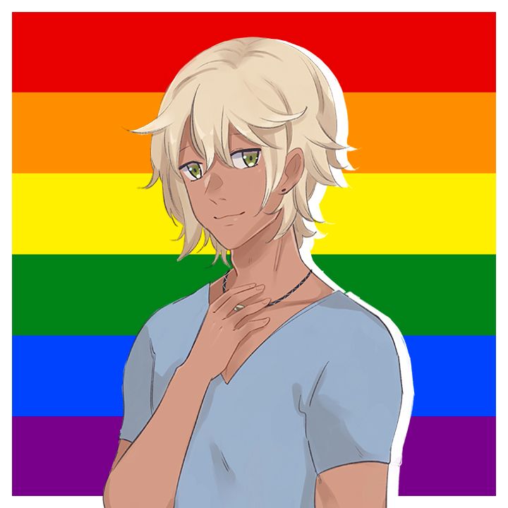 The character "Patient B" against the Pride flag.