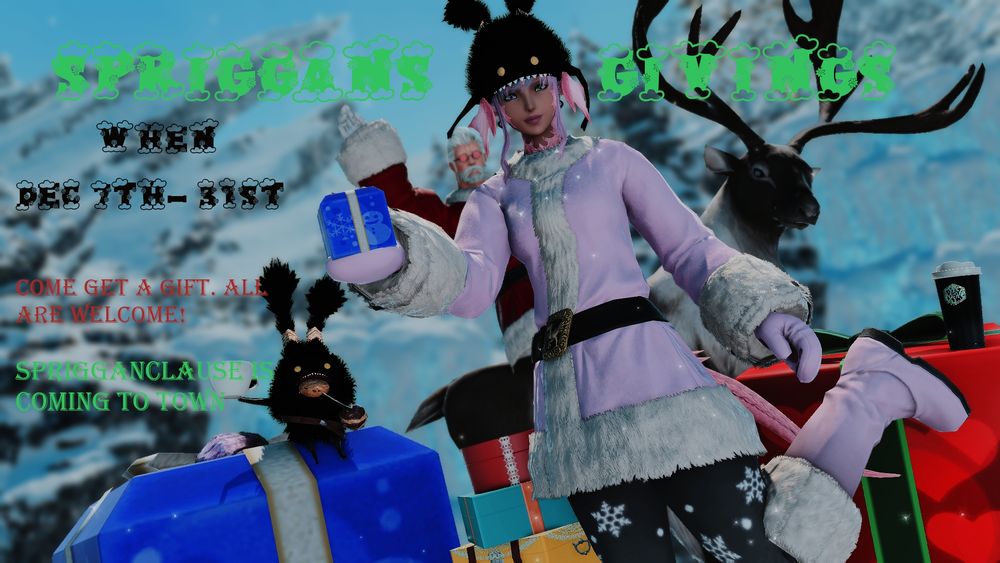 Sylari holding out a small blue gift, standing in front of several other gift boxes, with Midna nomming on a cooking and toasting their hot cocoa, the Saint of Nymeia on a reindeer is behind her waving.