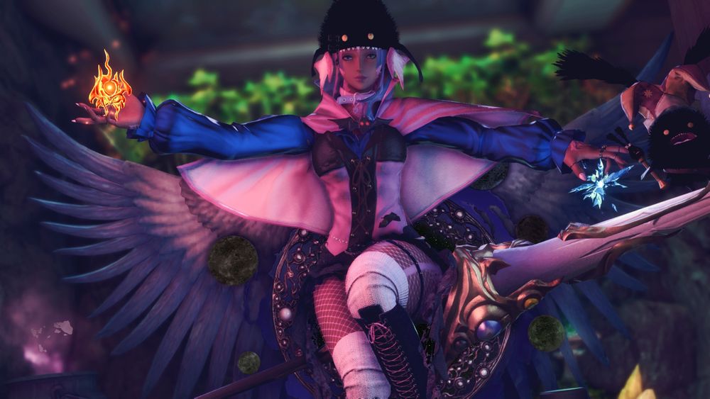 Sylari arms spread as she rides a lance like a broomstick, channeling fireball and blizzard  while the jester spriggan Midna is at the tip of the lance