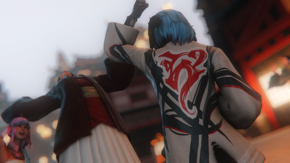 Young Ashari uppercutting a member of the Sekiseigumi when caught ina  street brawl. Young Sylari cheers on the sideline, knowing just how much Ashari can hold her own. On the other side is an echo of Ashari's future, flicking the head of another Sekiseigum guard, sending him flying effortlessly, showcasing how much stronger she had become in this future echo.