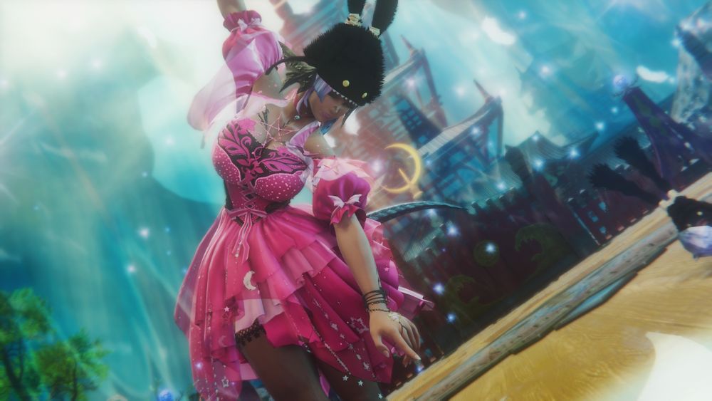 Sylari right hand pointing up, left pointing down, looking like they are dancing in the underwater shi sui of the tides, wearing a fancy pink dress