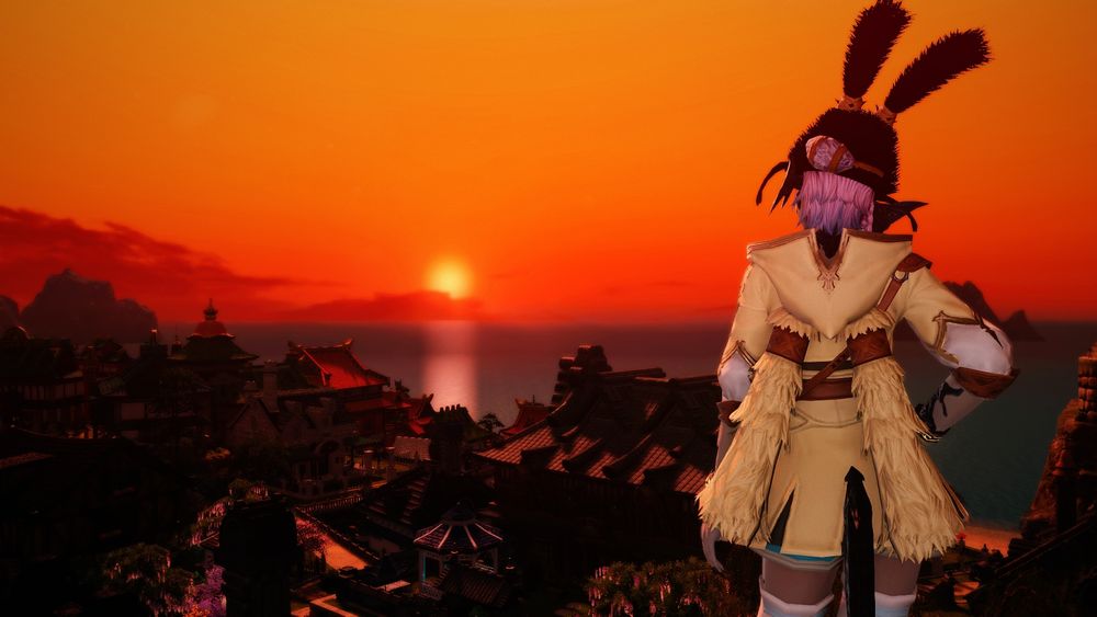 Sylari back turned to the camera, staring at a sunset as it goes down over the ocean in shirogane.