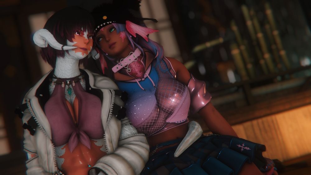 Sylari and fellow au ra Maki, loking wistfully into each others eyes, heads resting gingerly against one another, Maki's tail is wrapped around Sylari's waist