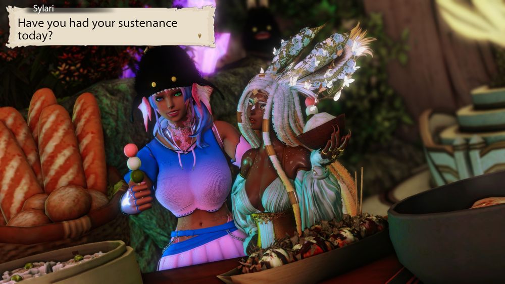 sYLARI AND cONNA STANDING IN FRONT OF A FEAST OF FOODS, FRESH BREAD, DUMPLINGS, tAKO-YAKI, uDON NOODLES. sYLARI IS WEARING A CUTE BLUE AND WHITE OUTFIT WITH HER TYPICAL SPRIGGAN HAT, AND IS HOLDING  APAIR OF dANGO. cONNA IS THERE AFTER HAVING WALKED IN ON THE HAPPENINGS ATTRACTED BY THE SMELS OF FRESH FOOD IN HER WOODS. sYLARI GAVE HER A BOWL OF RICE TO GET STARTED. cONNA IS LOOKING AT SYLARI CONFUSED AS TO WHAT THE AU RA IS SAYING. 

sYLARI IS SAYING "hAVE YOU HAD YOUR SUSTENENCE TODAY?