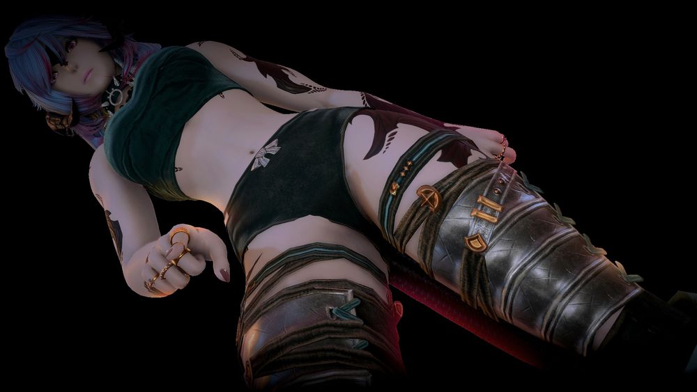 Ashari in a black void, pointing down at the camera