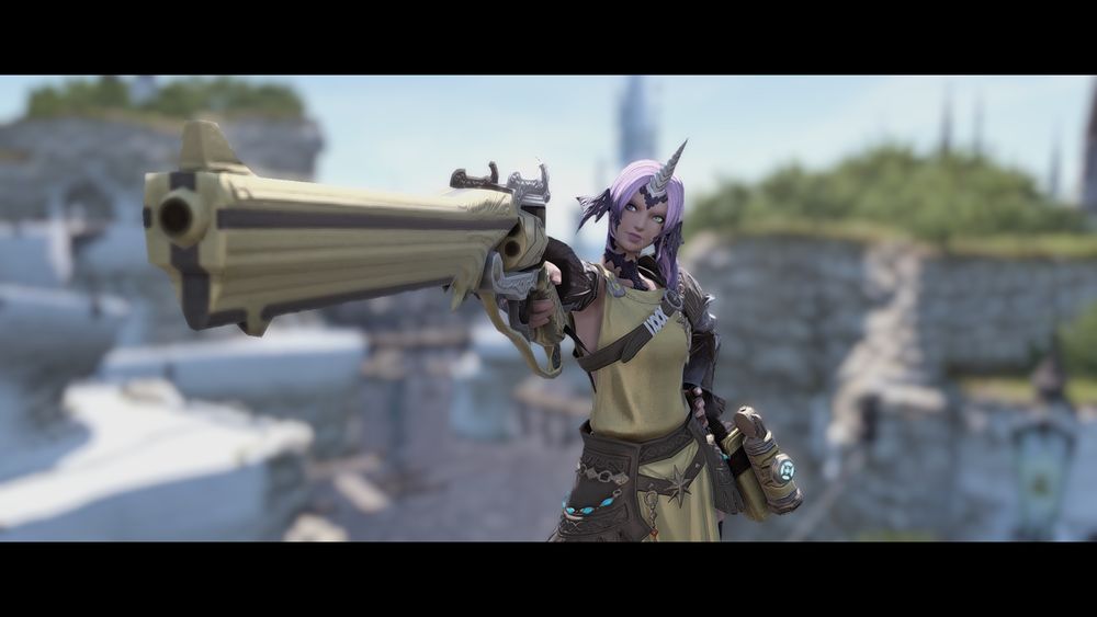 Sylari pointing a gun towards the camera, wearing gold and a unicorn horns.