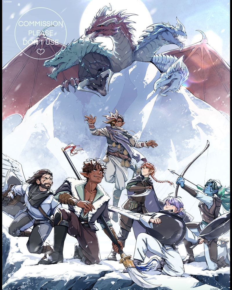 A six person DnD party, posed to fight in the style of a movie poster on a snowy mountain. Tiamat rises behind them in the back ground.
