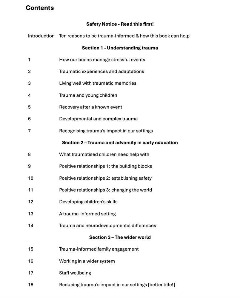 Draft contents page for a book on early years trauma-informed practice