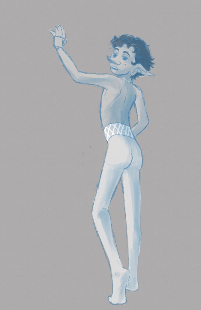 a digital sketch of a young half elf. he has short black hair, a long nose, and an under weight figure. white tights are the only article of clothing he is wearing. he is pose with his back turned to the viewer, his left hand out stretched and left unfished against an implied wall
