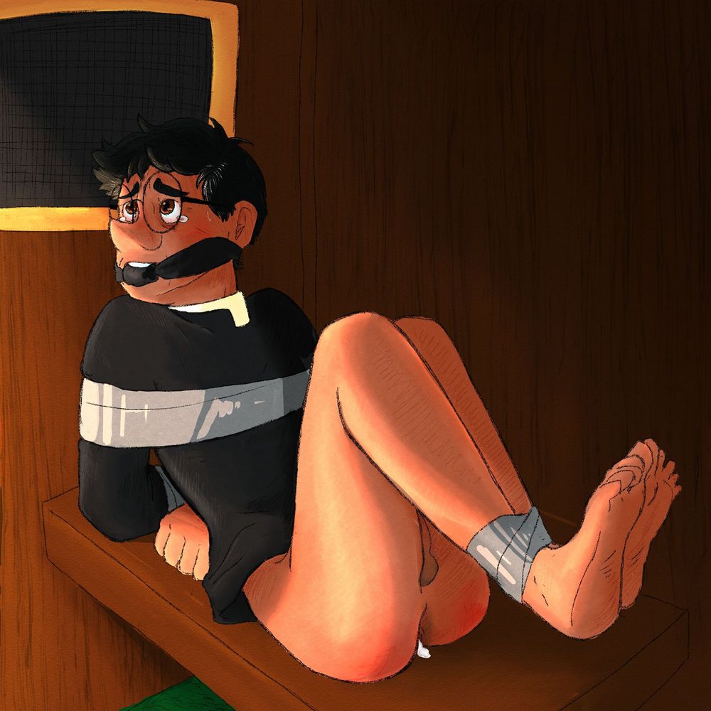 Description

a digital drawing of a distressed man in a confessional booth. alperen, a catholic priest who has brown skin and salt and pepper hair, is laid out on a cramped confessional bench. his wrists, chest, and ankles are bond with silver duct tape. he is wearing only his big oval glasses, a black button up, and priest collar. His pants, underwear, shoes, and socks have all been stripped from him. a black knotted cleave gag is tied around his mouth, above are big tear filled brown eyes. there is a bright red blush on his cheeks. the tape on his wrists holds them folded behind his back, another layer traps his upper arms to the side of his chest. his legs are bent up to accommodate for the tight space, his bare feet resting on a wall that is invisible to the viewer. there is a clear view of alperen’s butt, which has a few red marks on it that indicate some form of spanking (most likely canning) had occurred, cum leaks out of his hole onto the bench.

the confession booth itself is made up of a brown wood, a dark screen with gold trim is positioned behind alperen’s head. a bit of the green carpet of the confessional can be seen at the bottom of the composition. there is a light that shines onto the priest coming from the left side, hinting that someone might be opening the door to find alperen in his current position.