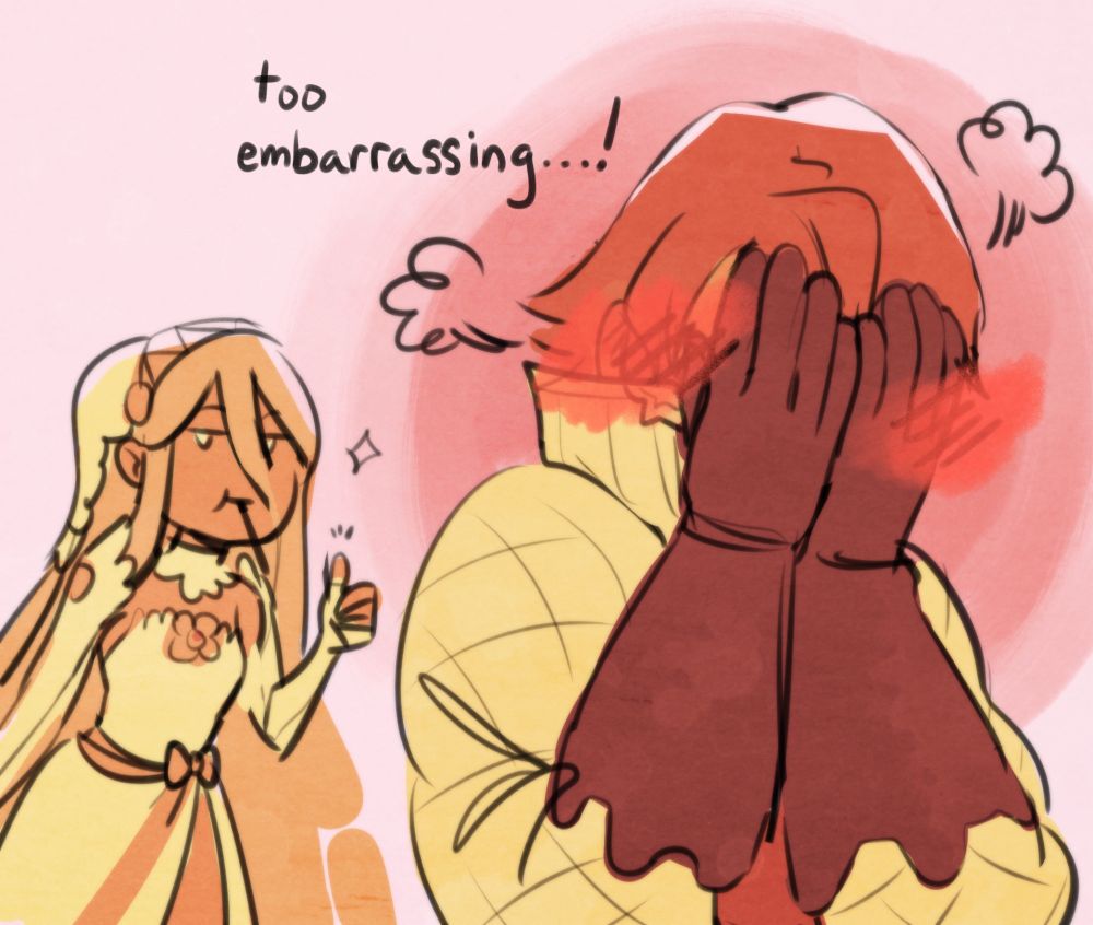 A new illustration. Laslow is now in the foreground, covering his face in his hands and blushing profusely. Narration reads, “too embarrassing…!”.
In the background, Azura is giving the viewer a thumbs up and eating the rest of the pocky.