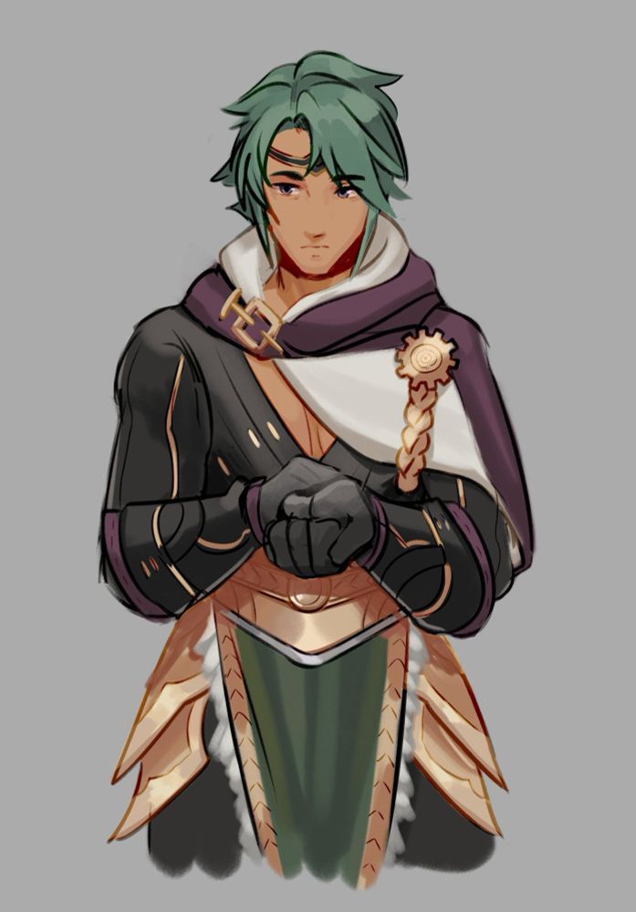 A sketch of Kaze from Fire Emblem Heroes. He is drawn in Nidavellir style clothes, with a black shirt, gold armor, and a thick purple wrap.