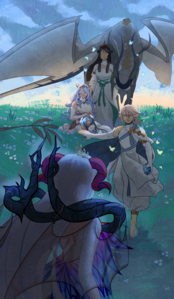 An illustration of characters from Fire Emblem Fates and Fire Emblem Heroes. Male Corrin stands with his arm out, shielding the people behind him. Further back, Mikoto, Camilla, and female dragon Corrin are guarding a sleeping young Azura. Freyja is posed in the foreground, looking out at the scene.
