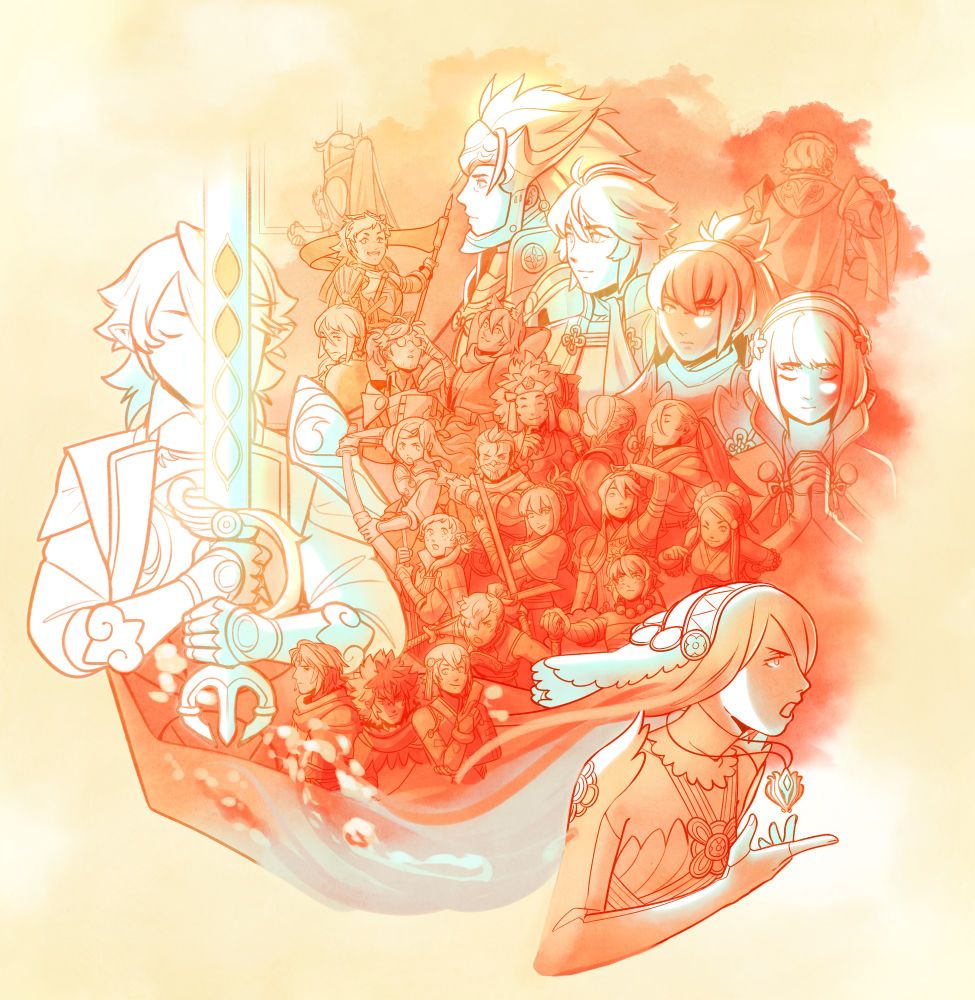 An illustration of characters from the game Fire Emblem Fates: Birthright. Male Corrin holds his sword in front of his face, eyes closed. Azura is pictured in the corner, singing and framing her pendant; her hair, flowing behind her, turns into water. Portraits of the Hoshidan army, including the royal family, are in the background.