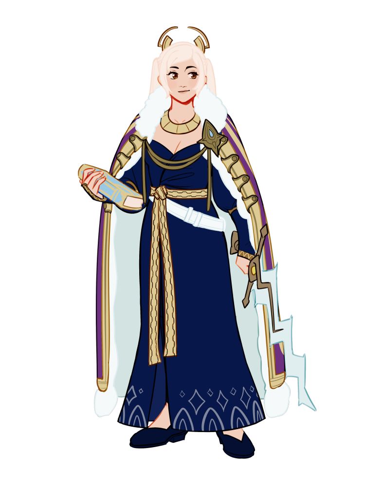 An illustration of Robin from Fire Emblem Awakening. She is dressed as the queen of Ylisse, wearing a gold halo as a mark of royalty, a heavy looking fur cape, and a deep blue dress. She holds her Levin sword and a tome in her hands.
