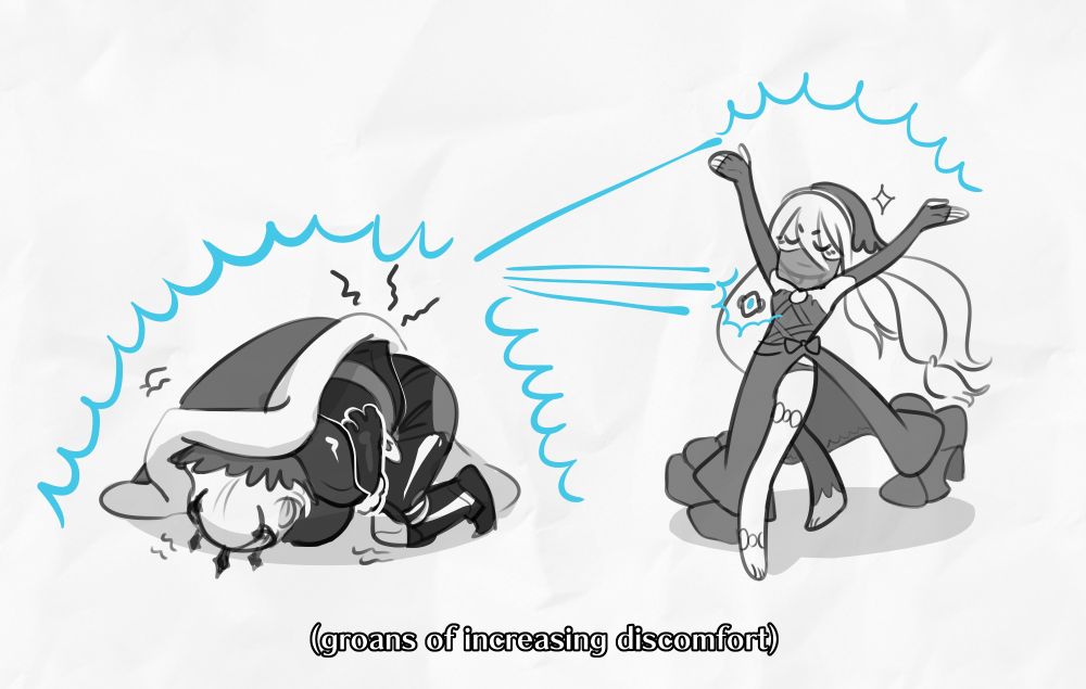A sketch featuring Azura and Garon from Fire Emblem Fates. Azura is performing her song and dance from the Conquest route, and wearing the dark blue version of her outfit that conceals her identity. Garon is curled up in pain in front of her as he experiences period cramps for the first time. The drawing is subtitled with "groans of increasing discomfort".