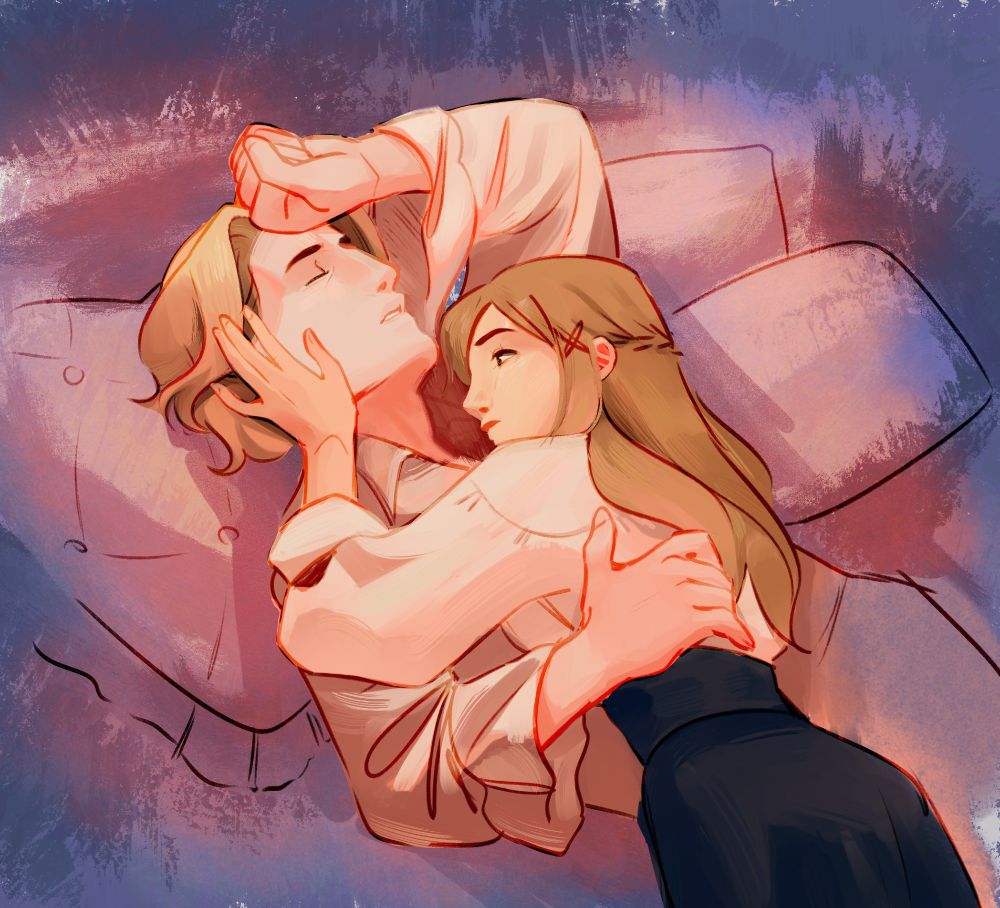 An illustration  of Xander laying in bed, eyes closed in exhaustion. The artist's OC cups his face.