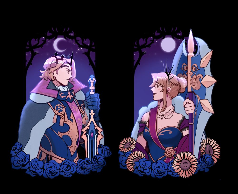 Separate portraits of Xander and the artist's OC in royal dress, each of them holding their weapon.